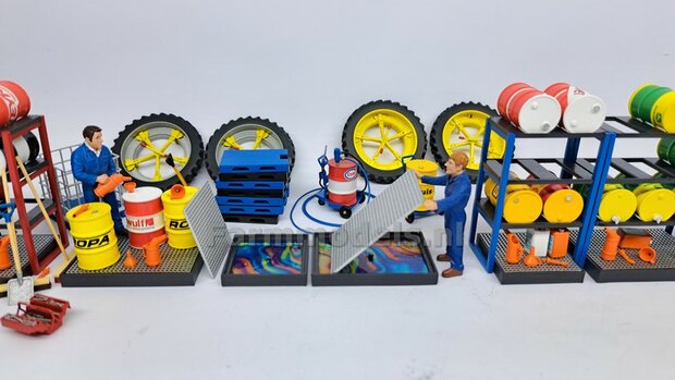 1x VATEN/ OLIEDRUM STELLING met LEKBAK geschikt voor 6 VATEN Resin, ANTRACIET met STAANDERS DIEP ROOD Gespoten incl. 2x Pr&eacute;-Cut OLIEVLEK DECALS 1:32