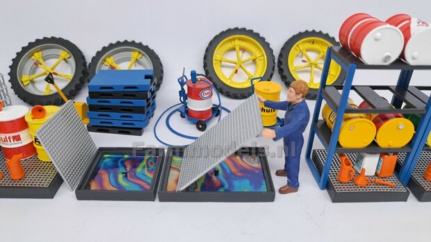 1x VATEN/ OLIEDRUM STELLING met LEKBAK geschikt voor 9 VATEN Resin, ANTRACIET met STAANDERS BLAUW Gespoten&nbsp;incl. 2x Pr&eacute;-Cut OLIEVLEK DECALS 1:32