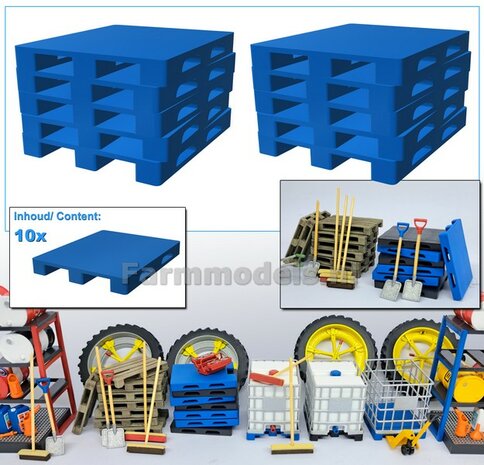 10x KUNSTSTOF PALLET afmeting 38.5 x 32 mm  Materiaal Resin, BLAUW MATT Gespoten Geleverd  1:32