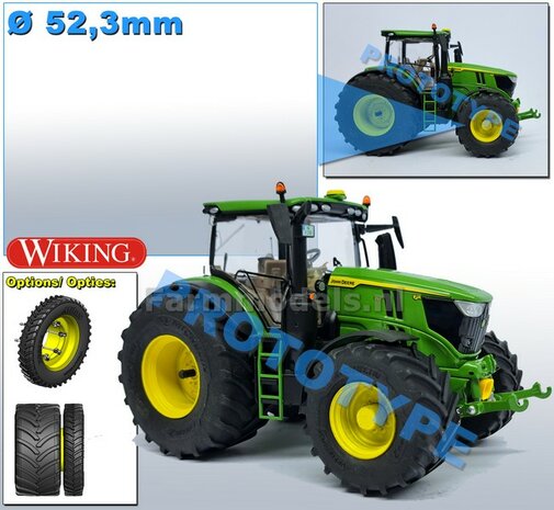 &Oslash; 52.3 x 26 mm: JOHN DEERE 6R WIKING: 2x Michelin Banden met JD GEEL Gespoten velgen geleverd  1:32   Farmmodels Premium Line Series  