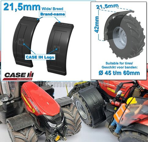 2x CASE IH spatborden 21.5 mm breed &quot;BIG &Oslash;&quot; Version ZONDER STEUNEN Resin in ZWART RUBBER COMPOUND Gespoten geleverd 1:32