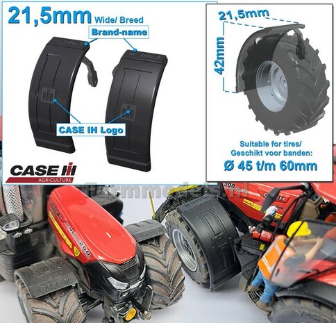 2x CASE IH spatborden 21.5 mm breed &quot;BIG &Oslash;&quot; Version MET STEUNEN Resin in ZWART RUBBER COMPOUND Gespoten geleverd 1:32