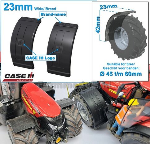 2x CASE IH spatborden 23 mm breed &quot;BIG &Oslash;&quot; Version ZONDER STEUNEN Resin in ZWART RUBBER COMPOUND Gespoten geleverd 1:32
