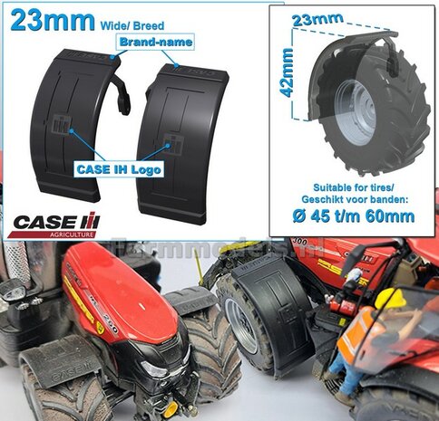 2x CASE IH spatborden 23 mm breed &quot;BIG &Oslash;&quot; Version MET STEUNEN Resin in ZWART RUBBER COMPOUND Gespoten geleverd 1:32