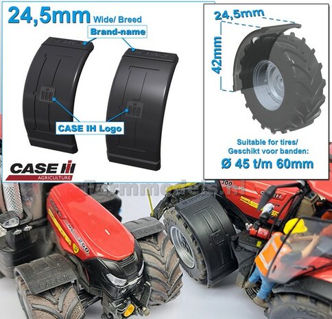 2x CASE IH spatborden 24.5 mm breed &quot;BIG &Oslash;&quot; Version ZONDER STEUNEN Resin in ZWART RUBBER COMPOUND Gespoten geleverd 1:32