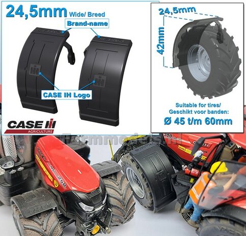 2x CASE IH spatborden 24.5 mm breed &quot;BIG &Oslash;&quot; Version MET STEUNEN Resin in ZWART RUBBER COMPOUND Gespoten geleverd 1:32