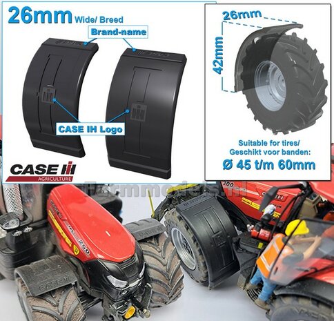 2x CASE IH spatborden 26 mm breed &quot;BIG &Oslash;&quot; Version ZONDER STEUNEN Resin in ZWART RUBBER COMPOUND Gespoten geleverd 1:32