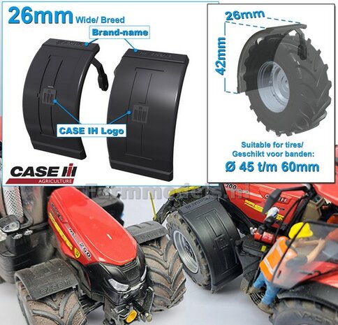 2x CASE IH spatborden 26 mm breed &quot;BIG &Oslash;&quot; Version MET STEUNEN Resin in ZWART RUBBER COMPOUND Gespoten geleverd 1:32
