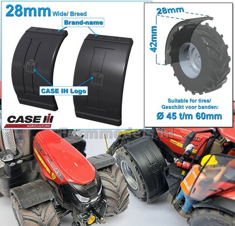 2x CASE IH spatborden 28 mm breed &quot;BIG &Oslash;&quot; Version ZONDER STEUNEN Resin in ZWART RUBBER COMPOUND Gespoten geleverd 1:32