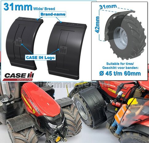 2x CASE IH spatborden 31 mm breed &quot;BIG &Oslash;&quot; Version ZONDER STEUNEN Resin in ZWART RUBBER COMPOUND Gespoten geleverd 1:32