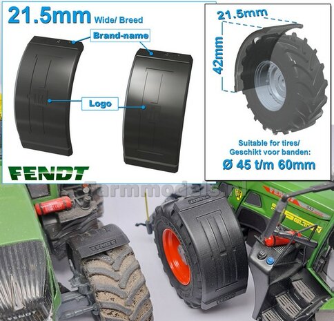2x FENDT spatborden 21.5 mm breed &quot;BIG &Oslash;&quot; Version ZONDER STEUNEN Resin in ZWART RUBBER COMPOUND Gespoten geleverd 1:32