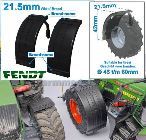 2x FENDT spatborden 21.5 mm breed &quot;BIG &Oslash;&quot; Version MET STEUNEN Resin in ZWART RUBBER COMPOUND Gespoten geleverd 1:32