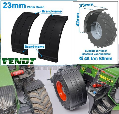 2x FENDT spatborden 23 mm breed &quot;BIG &Oslash;&quot; Version ZONDER STEUNEN Resin in ZWART RUBBER COMPOUND Gespoten geleverd 1:32
