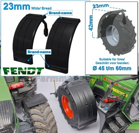 2x FENDT spatborden 23 mm breed &quot;BIG &Oslash;&quot; Version MET STEUNEN Resin in ZWART RUBBER COMPOUND Gespoten geleverd 1:32