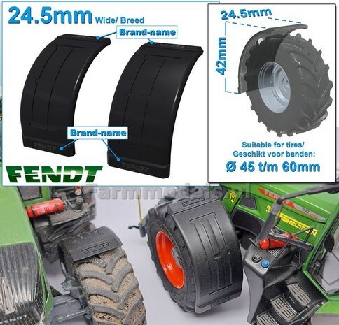2x FENDT spatborden 24.5 mm breed &quot;BIG &Oslash;&quot; Version ZONDER STEUNEN Resin in ZWART RUBBER COMPOUND Gespoten geleverd 1:32