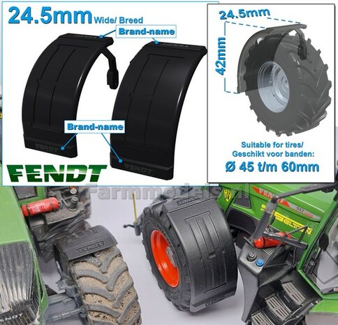 2x FENDT spatborden 24.5 mm breed &quot;BIG &Oslash;&quot; Version MET STEUNEN Resin in ZWART RUBBER COMPOUND Gespoten geleverd 1:32