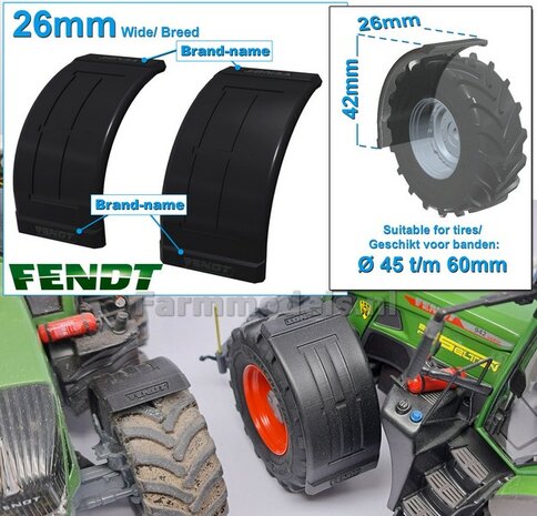 2x FENDT spatborden 26 mm breed &quot;BIG &Oslash;&quot; Version ZONDER STEUNEN Resin in ZWART RUBBER COMPOUND Gespoten geleverd 1:32