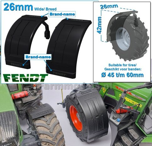 2x FENDT spatborden 26 mm breed &quot;BIG &Oslash;&quot; Version MET STEUNEN Resin in ZWART RUBBER COMPOUND Gespoten geleverd 1:32