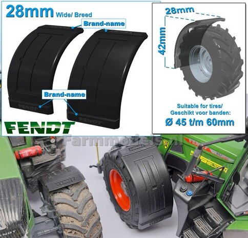 2x FENDT spatborden 28 mm breed &quot;BIG &Oslash;&quot; Version ZONDER STEUNEN Resin in ZWART RUBBER COMPOUND Gespoten geleverd 1:32