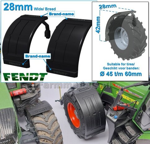 2x FENDT spatborden 28 mm breed &quot;BIG &Oslash;&quot; Version MET STEUNEN Resin in ZWART RUBBER COMPOUND Gespoten geleverd 1:32
