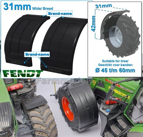 2x FENDT spatborden 31 mm breed &quot;BIG &Oslash;&quot; Version ZONDER STEUNEN Resin in ZWART RUBBER COMPOUND Gespoten geleverd 1:32