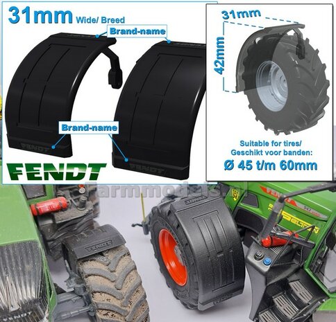 2x FENDT spatborden 31 mm breed &quot;BIG &Oslash;&quot; Version MET STEUNEN Resin in ZWART RUBBER COMPOUND Gespoten geleverd 1:32