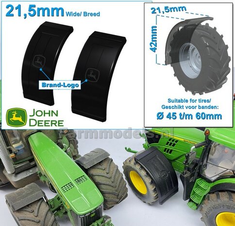 2x JOHN DEERE spatborden 21.5 mm breed &quot;BIG &Oslash;&quot; Version ZONDER STEUNEN Resin in ZWART RUBBER COMPOUND Gespoten geleverd 1:32