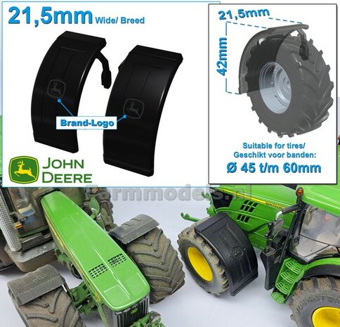 2x JOHN DEERE spatborden 21.5 mm breed &quot;BIG &Oslash;&quot; Version MET STEUNEN Resin in ZWART RUBBER COMPOUND Gespoten geleverd 1:32