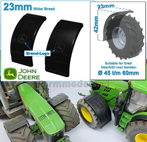 2x JOHN DEERE spatborden 23 mm breed &quot;BIG &Oslash;&quot; Version ZONDER STEUNEN Resin in ZWART RUBBER COMPOUND Gespoten geleverd 1:32