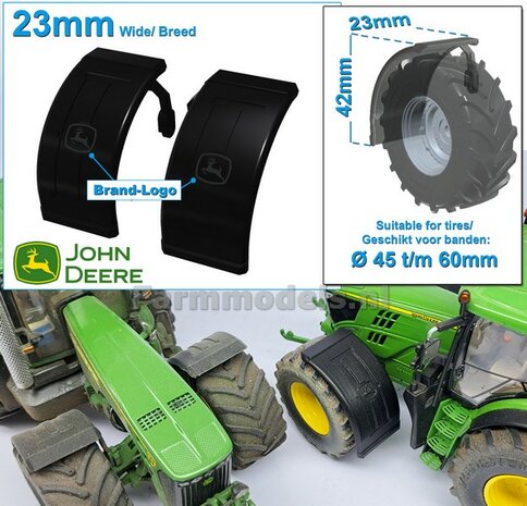 2x JOHN DEERE spatborden 23 mm breed &quot;BIG &Oslash;&quot; Version MET STEUNEN Resin in ZWART RUBBER COMPOUND Gespoten geleverd 1:32