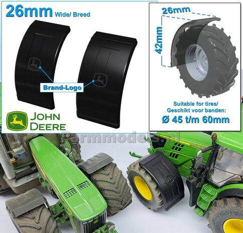 2x JOHN DEERE spatborden 26 mm breed &quot;BIG &Oslash;&quot; Version ZONDER STEUNEN Resin in ZWART RUBBER COMPOUND Gespoten geleverd 1:32