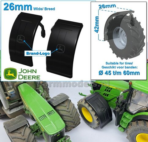 2x JOHN DEERE spatborden 26 mm breed &quot;BIG &Oslash;&quot; Version MET STEUNEN Resin in ZWART RUBBER COMPOUND Gespoten geleverd 1:32