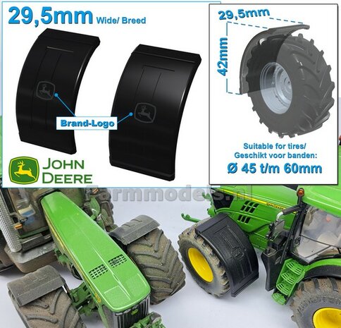 2x JOHN DEERE spatborden 29.5 mm breed &quot;BIG &Oslash;&quot; Version ZONDER STEUNEN Resin in ZWART RUBBER COMPOUND Gespoten geleverd 1:32