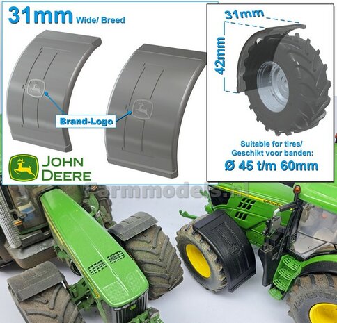 2x JOHN DEERE spatborden 31 mm breed &quot;BIG &Oslash;&quot; Version ZONDER STEUNEN RESIN, Blank geleverd 1:32