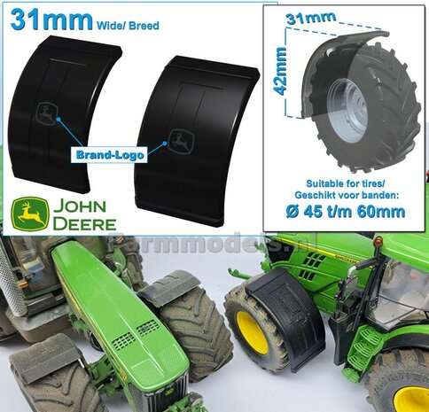 2x JOHN DEERE spatborden 31 mm breed &quot;BIG &Oslash;&quot; Version ZONDER STEUNEN Resin in ZWART RUBBER COMPOUND Gespoten geleverd 1:32