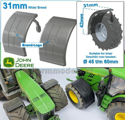 2x JOHN DEERE spatborden 31 mm breed &quot;BIG &Oslash;&quot; Version MET STEUNEN RESIN, Blank geleverd 1:32
