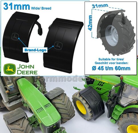 2x JOHN DEERE spatborden 31 mm breed &quot;BIG &Oslash;&quot; Version MET STEUNEN Resin in ZWART RUBBER COMPOUND Gespoten geleverd 1:32