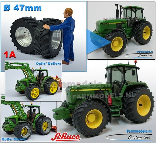&Oslash; 47 x 20.5 mm: JOHN DEERE 4755/ 4955 SCHUCO: 2x Brede Banden (nr. 1A) + ALUMINIUM velgen BLANK geleverd 1:32 Farmmodels Custom Line Series 
