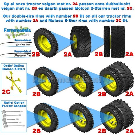 &Oslash; 61 x 25 mm: JOHN DEERE 4755/ 4955&nbsp;van SCHUCO.: 2x Brede Banden (nr. 2A) + ALUMINIUM velgen BLANK geleverd 1:32 Farmmodels Custom Line Series