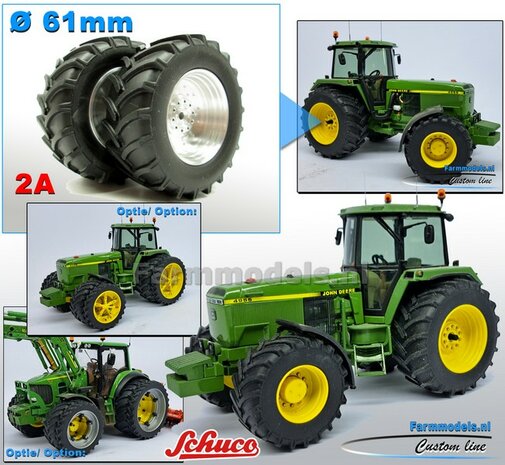 &Oslash; 61 x 25 mm: JOHN DEERE 4755/ 4955&nbsp;van SCHUCO.: 2x Brede Banden (nr. 2A) + ALUMINIUM velgen BLANK geleverd 1:32 Farmmodels Custom Line Series