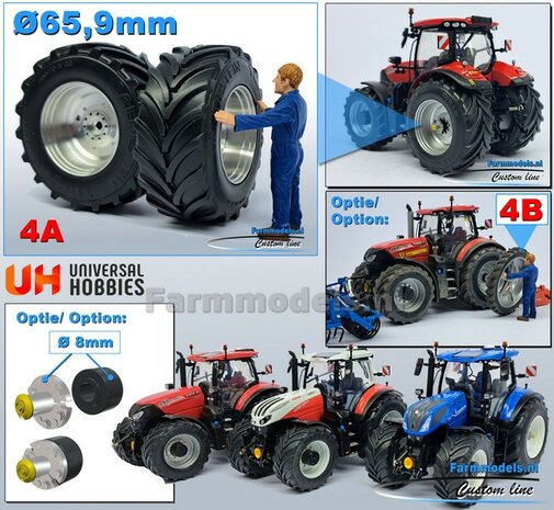 &Oslash; 65.9 x 29.2 mm: CASE 260/ NH T7.300/ STEYR 6280 UH: 2x Brede Banden + ALUMINIUM velgen BLANK geleverd 1:32 Farmmodels Custom Line Series  