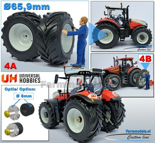 &Oslash; 65.9 x 29.2 mm: STEYR 6280 CVT UH: 2x Brede Banden + ALU. Velgen STEYR WIT Gespoten 1:32 Farmmodels Custom Line Series  
