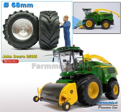 &Oslash;&nbsp; 68 x 32 mm: JOHN DEERE 8500i: 2x Vredestein banden + ALUMINIUM Velgen BLANK geleverd voor de vooras van de  John Deere 8500i hakselaar, 1:32            