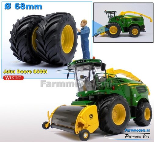 &Oslash;&nbsp; 68 x 32 mm: JOHN DEERE 8500i: 2x Vredestein banden + ALU. Velgen JD GEEL Gespoten geleverd t.b.v. vooras van John Deere 8500i hakselaar 1:32            