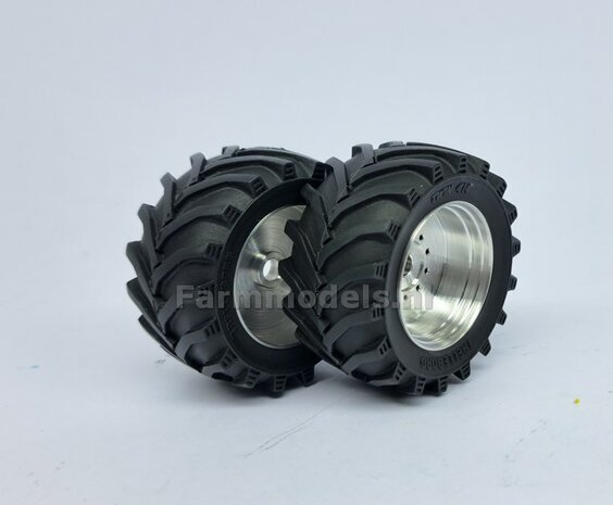 &Oslash; 47.7 x 24.2 mm: Fendt 620 UH: 2x Brede Vooras banden + ALUMINIUM velgen BLANK geleverd 1:32 Farmmodels Custom Line Series 