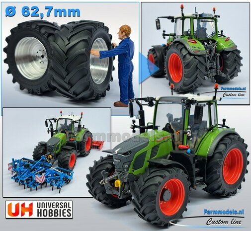 &Oslash; 61.7x 29.9 mm: Fendt 620 UH: 2x Brede banden + ALUMINIUM velgen BLANK geleverd 1:32 Farmmodels Custom Line Series 
