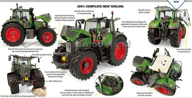 VERBOUWD: FENDT 620 UH met nieuwe banden &amp; RODE velgen, eindvertragingen, naafdoppen en wielmoeren 1:32 UH6666-REB-RED NB2B