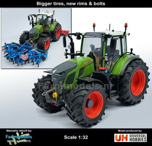 VERBOUWD: FENDT 620 UH met nieuwe banden &amp; RODE velgen, eindvertragingen, naafdoppen en wielmoeren 1:32 UH6666-REB-RED NB2B
