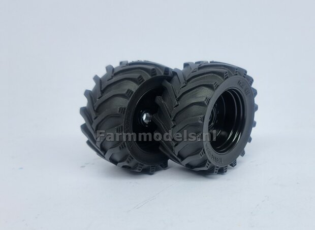 &Oslash; 47.7 x 24.2 mm: Fendt 620 UH: 2x Brede Vooras banden + ALUMINIUM velgen ZWART GLANS Gespoten geleverd 1:32 Farmmodels Custom Line Series 