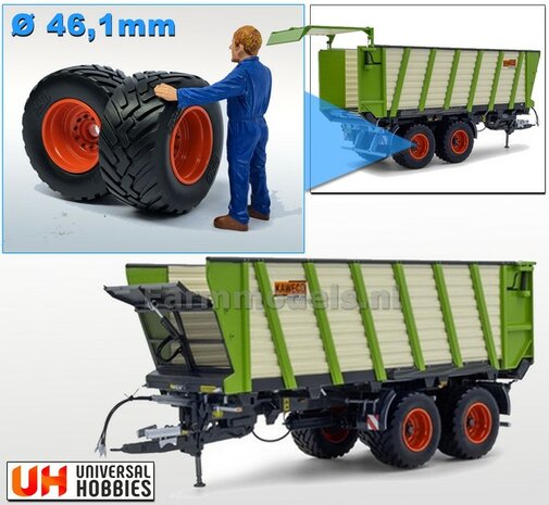 &Oslash; 46.1 x 22.9 mm: 2x BKT Banden + KUNSTSOF CLAAS ORANJE velgen, origineel afkomstig van de KAWECO Radium van UH 1:32    